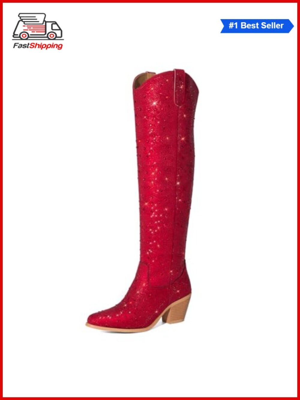 Rhinestone Over the Knee Cowboy Boots Pointed Toe Block Heel